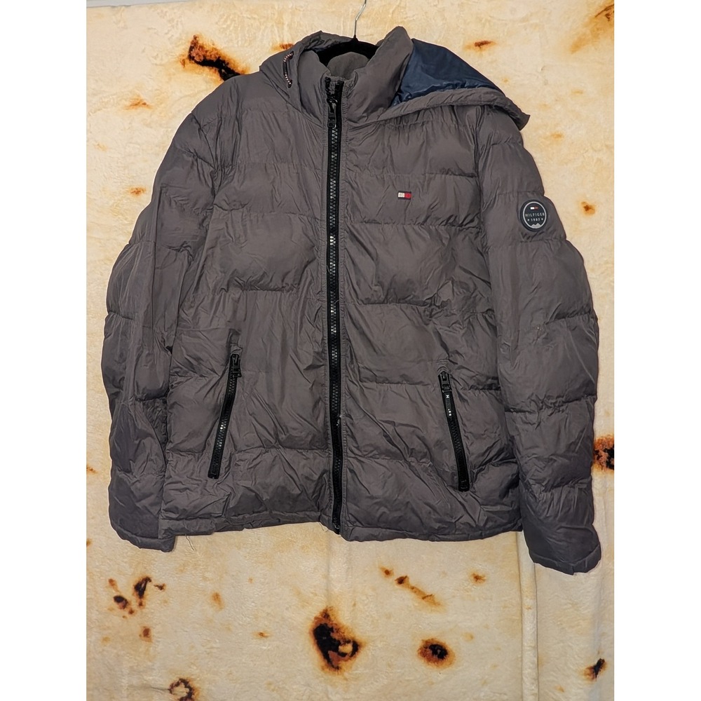 Tommy Hilfiger Puffer Jacket Mens Large Gray Hooded Water Resistant Winter Coat